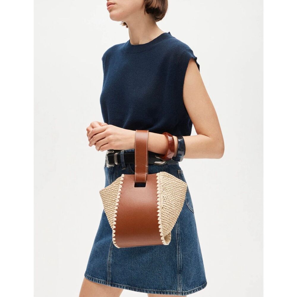 NWT J CREW  Raffia & Leather Bucket | Coastal Quiet Luxury Woven Top-handle bag